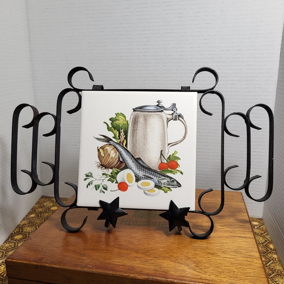 Vintage Wrought Iron and Ceramic Tile Trivet Fish and Eggs - Picture 14 of 16